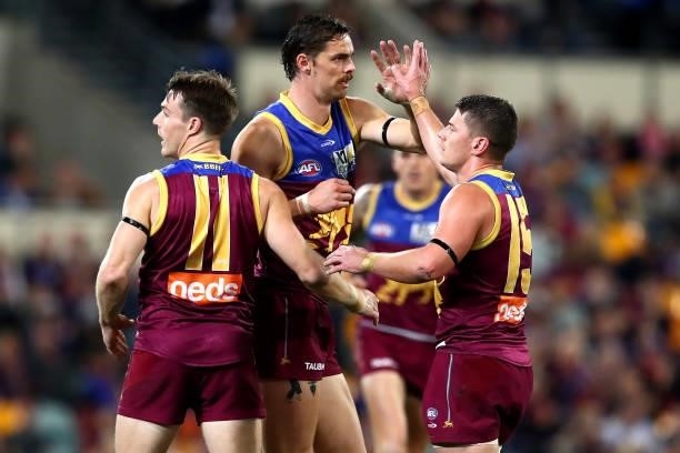 Joe Daniher of the Lions celebrates a goal during the round 14 AFL match between the Brisbane Lions and the Geelong Cats at The Gabba on June 24,...