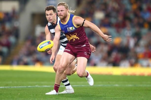 Daniel Rich of the Lions runs for the ball during the round 14 AFL match between the Brisbane Lions and the Geelong Cats at The Gabba on June 24,...