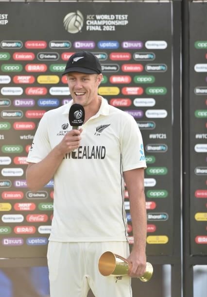 Kyle Jamieson of New Zealand holds the man of match award after the ICC World Test Championship Final between India and New Zealand at The Hampshire...