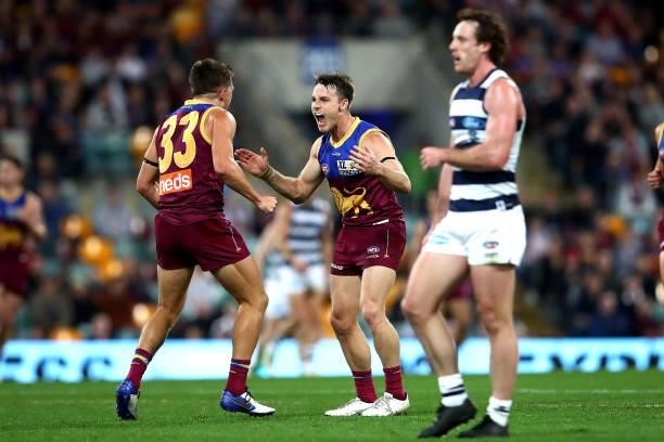 Lincoln McCarthy of the Lions celebrates a goal during the round 14 AFL match between the Brisbane Lions and the Geelong Cats at The Gabba on June...