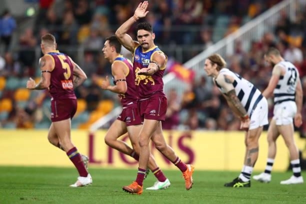 Charlie Cameron of the Lions celebrates a goal during the round 14 AFL match between the Brisbane Lions and the Geelong Cats at The Gabba on June 24,...