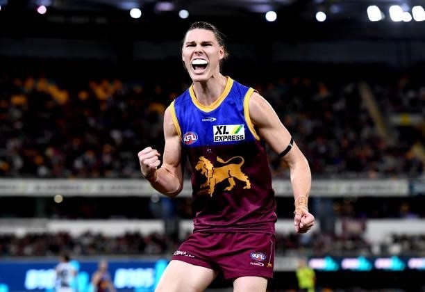 Eric Hipwood of the Lions celebrates after kicking a goal during the round 14 AFL match between the Brisbane Lions and the Geelong Cats at The Gabba...