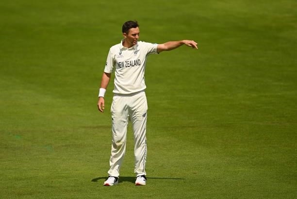 Trent Boult of New Zealand looks on during the Reserve Day of the ICC World Test Championship Final between India and New Zealand at The Hampshire...