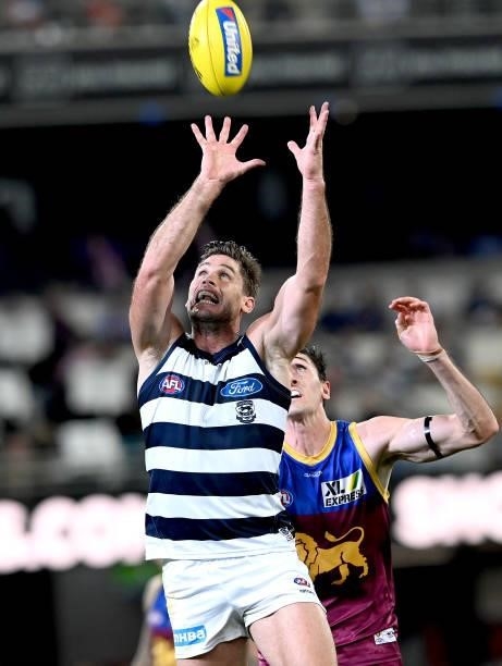 Tom Hawkins of the Cats catches the ball during the round 14 AFL match between the Brisbane Lions and the Geelong Cats at The Gabba on June 24, 2021...