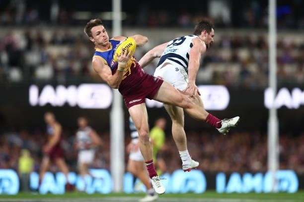 Lincoln McCarthy of the Lions marks during the round 14 AFL match between the Brisbane Lions and the Geelong Cats at The Gabba on June 24, 2021 in...
