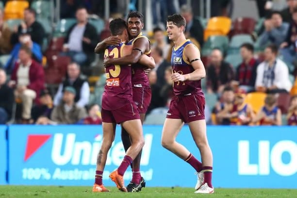 Keidean Coleman of the Lions celebrates a goal during the round 14 AFL match between the Brisbane Lions and the Geelong Cats at The Gabba on June 24,...