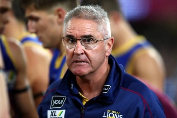 Lions coach Chris Fagan looks on during the round 14 AFL match between the Brisbane Lions and the Geelong Cats at The Gabba on June 24, 2021 in...