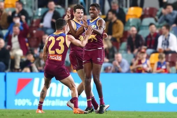 Keidean Coleman of the Lions celebrates a goal during the round 14 AFL match between the Brisbane Lions and the Geelong Cats at The Gabba on June 24,...