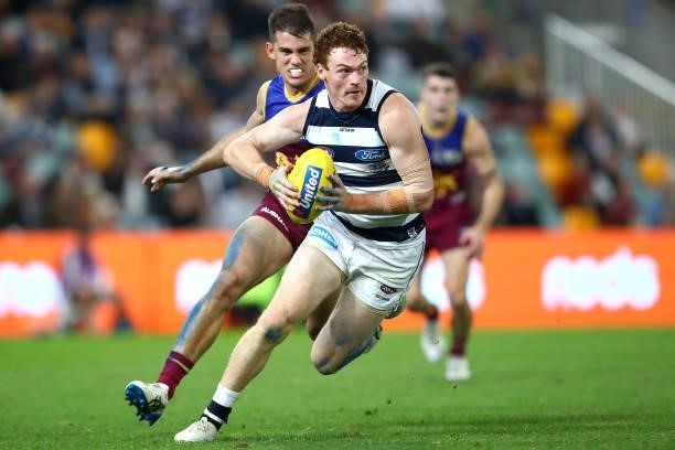 Gary Rohan of the Cats makes a run during the round 14 AFL match between the Brisbane Lions and the Geelong Cats at The Gabba on June 24, 2021 in...