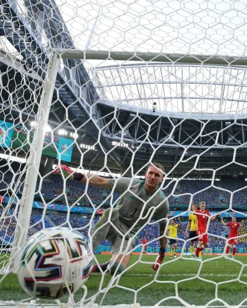 Goalkeeper Robin Olsen of Sweden reacts during a goal disallowed of Jakub Swierczok of Poland during the UEFA Euro 2020 Championship Group E match...