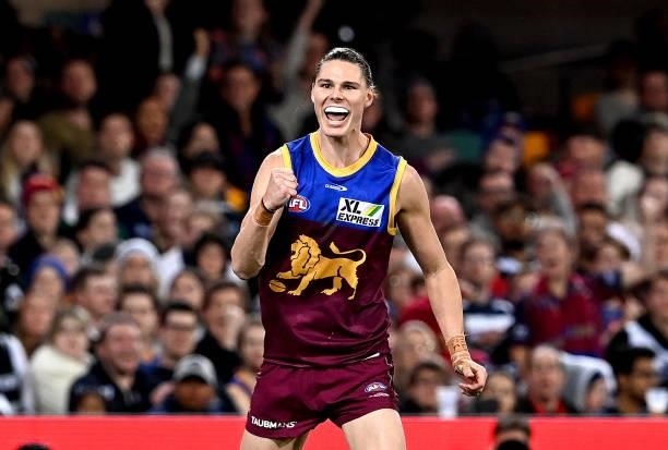 Eric Hipwood of the Lions celebrates after kicking a goal during the round 14 AFL match between the Brisbane Lions and the Geelong Cats at The Gabba...