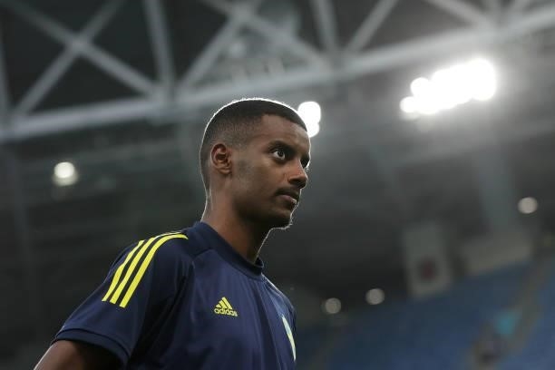 Alexander Isak of Sweden attends questions from the media at the flash interview area after the UEFA Euro 2020 Championship Group E match between...