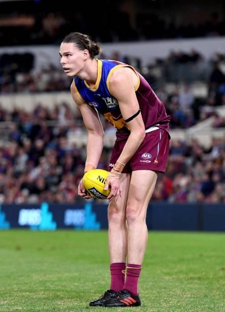Eric Hipwood of the Lions lines up a kick during the round 14 AFL match between the Brisbane Lions and the Geelong Cats at The Gabba on June 24, 2021...