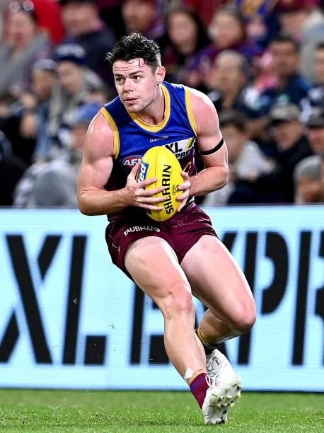 Lachie Neale of the Lions in action during the round 14 AFL match between the Brisbane Lions and the Geelong Cats at The Gabba on June 24, 2021 in...