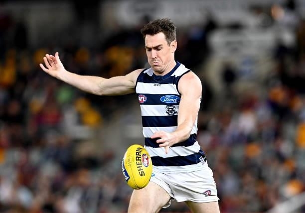 Jeremy Cameron of the Cats in action during the round 14 AFL match between the Brisbane Lions and the Geelong Cats at The Gabba on June 24, 2021 in...