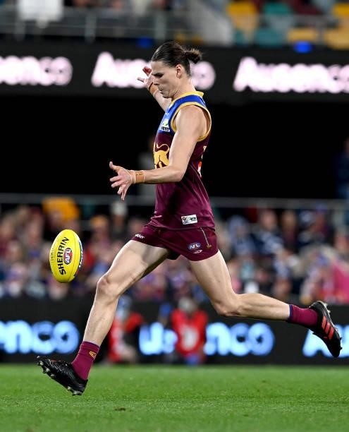 Eric Hipwood of the Lions in action during the round 14 AFL match between the Brisbane Lions and the Geelong Cats at The Gabba on June 24, 2021 in...