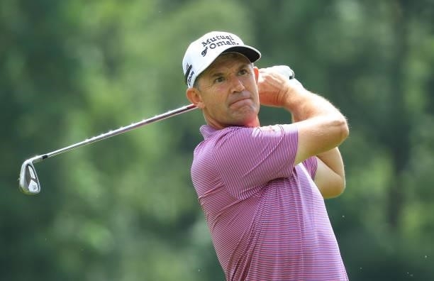 Padraig Harrington of Ireland tees off on the eighth hole during the first round of The BMW International Open at Golfclub Munchen Eichenried on June...