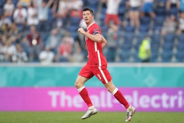 Robert Lewandowski of Poland celebrates scoring their second goal during the UEFA Euro 2020 Championship Group E match between Sweden and Poland at...