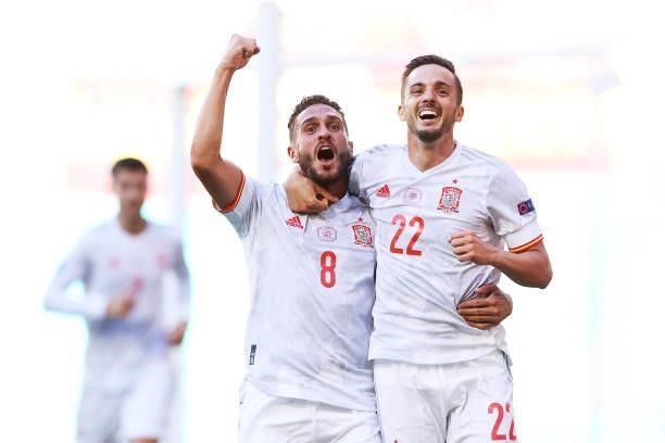 Koke Resurrección and Pablo Sarabia of Spain celebrate during the UEFA Euro 2020 Championship Group E match between Slovakia and Spain at Estadio La...