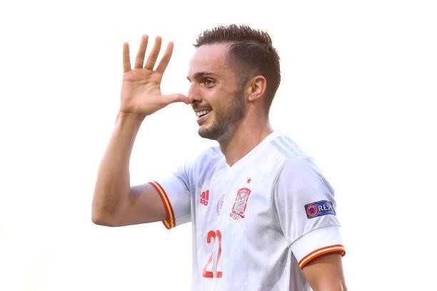 Pablo Sarabia of Spain celebrates during the UEFA Euro 2020 Championship Group E match between Slovakia and Spain at Estadio La Cartuja on June 23,...
