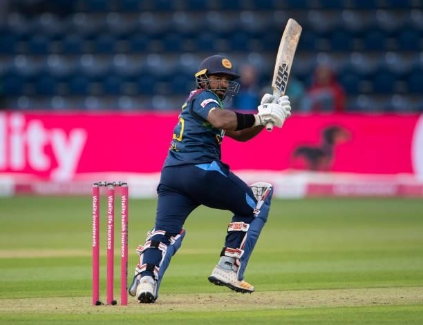 Kusal Perera of Sri Lanka batting during the 1st T20I between England and Sri Lanka at Sophia Gardens on June 23, 2021 in Cardiff, Wales.