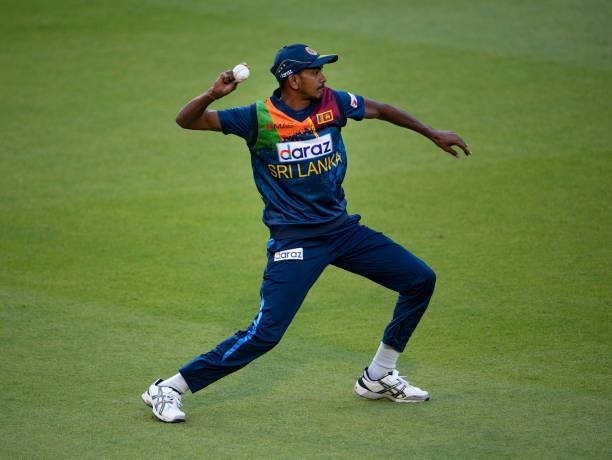 Dushmantha Chameera of Sri Lanka throws the ball in from the outfield during the 1st T20I between England and Sri Lanka at Sophia Gardens on June 23,...