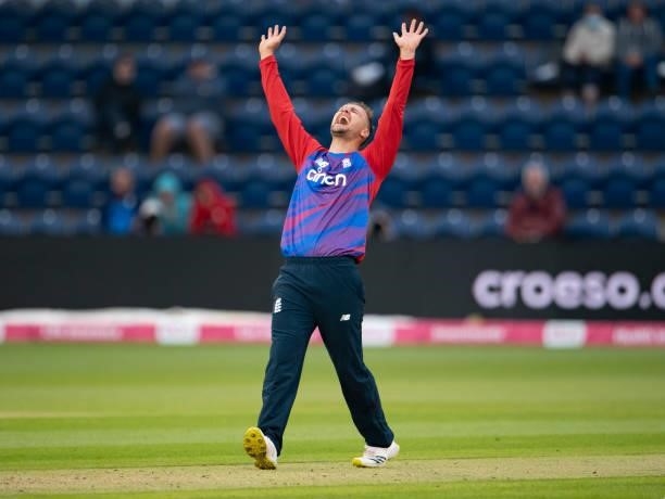 England bowler Liam Livingstone celebrates taking the wicket of Kusal Mendis of Sri Lanka during the 1st T20I between England and Sri Lanka at Sophia...