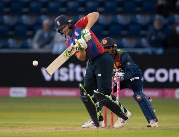Jos Buttler of England batting with Kusal Perera keeping wicket during the 1st T20I between England and Sri Lanka at Sophia Gardens on June 23, 2021...