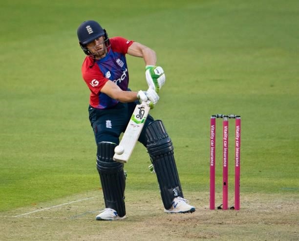 Jos Buttler of England batting during the 1st T20I between England and Sri Lanka at Sophia Gardens on June 23, 2021 in Cardiff, Wales.