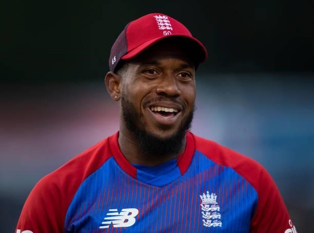 Chris Jordan of England during the 1st T20I between England and Sri Lanka at Sophia Gardens on June 23, 2021 in Cardiff, Wales.