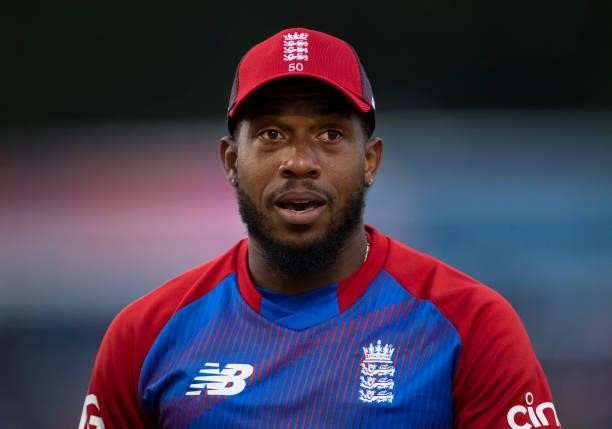 Chris Jordan of England during the 1st T20I between England and Sri Lanka at Sophia Gardens on June 23, 2021 in Cardiff, Wales.
