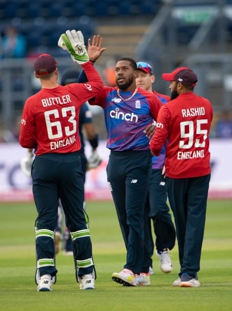 England bowler Chris Jordan celebrates with team mates Jos Buttler and Adil Rashid after taking the wicket of Danushka Gunathilaka of Sri Lanka...