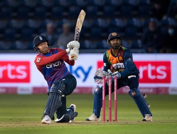 Jonny Bairstow of England batting with Kusal Perera keeping wicket during the 1st T20I between England and Sri Lanka at Sophia Gardens on June 23,...