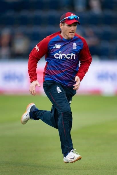 Eoin Morgan of England chases a ball in the outfield during the 1st T20I between England and Sri Lanka at Sophia Gardens on June 23, 2021 in Cardiff,...