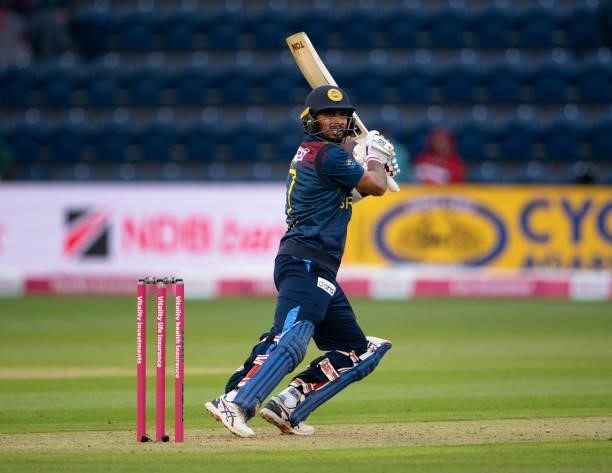 Dasun Shanaka of Sri Lanka batting during the 1st T20I between England and Sri Lanka at Sophia Gardens on June 23, 2021 in Cardiff, Wales.