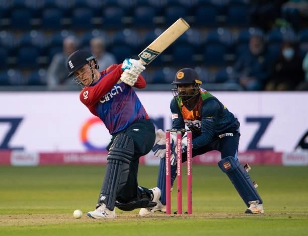 Jason Roy of England batting with Kusal Perera keeping wicket during the 1st T20I between England and Sri Lanka at Sophia Gardens on June 23, 2021 in...