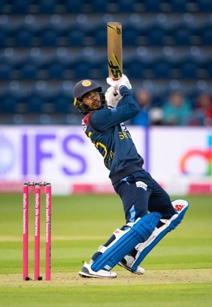 Dhananjaya de Silva of Sri Lanka batting during the 1st T20I between England and Sri Lanka at Sophia Gardens on June 23, 2021 in Cardiff, Wales.