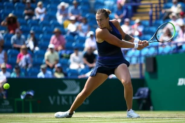 Aryna Sabalenka of Belarus in action during her quarter final women's singles match against Camila Giorgi of Italy during day 6 of the Viking...