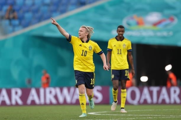 Emil Forsberg of Sweden celebrates scoring their second goal with teammate Alexander Isak during the UEFA Euro 2020 Championship Group E match...