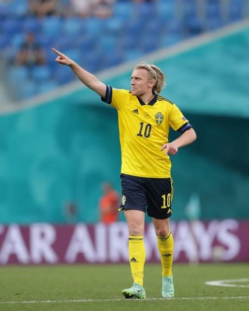 Emil Forsberg of Sweden celebrates scoring their second goal during the UEFA Euro 2020 Championship Group E match between Sweden and Poland at Saint...