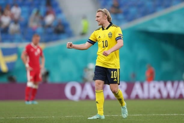 Emil Forsberg of Sweden celebrates scoring their second goal during the UEFA Euro 2020 Championship Group E match between Sweden and Poland at Saint...