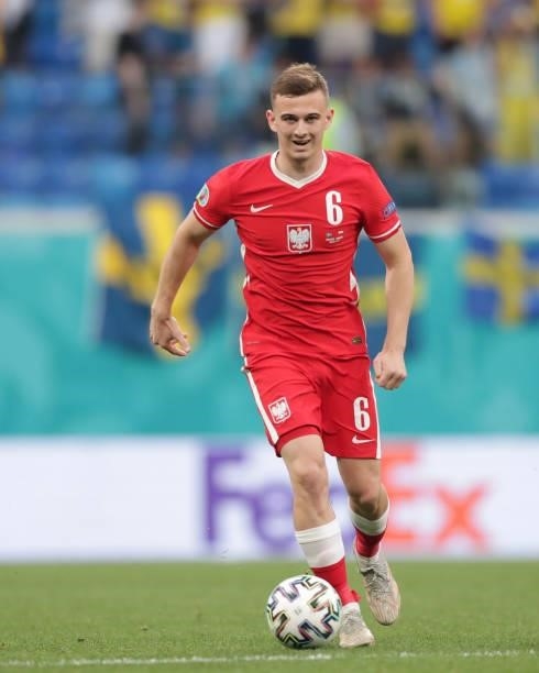Kacper Kozłowski of Poland controls the ball during the UEFA Euro 2020 Championship Group E match between Sweden and Poland at Saint Petersburg...
