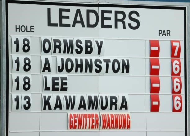 The Leader board is pictured displaying a weather warning sign during the first round of The BMW International Open at Golfclub Munchen Eichenried on...