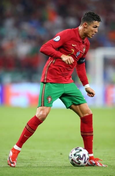 Cristiano Ronaldo of Portugal during the UEFA Euro 2020 Championship Group F match between Portugal and France at Puskas Arena on June 23, 2021 in...