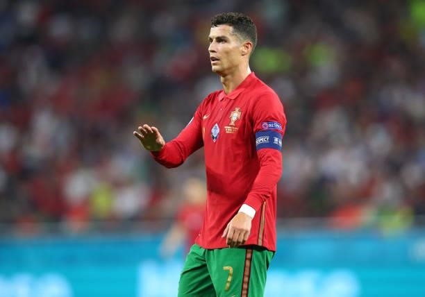 Cristiano Ronaldo of Portugal looks on during the UEFA Euro 2020 Championship Group F match between Portugal and France at Puskas Arena on June 23,...