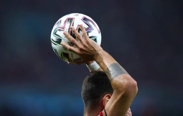 Bruno Fernandes of Portugal takes a throw in during the UEFA Euro 2020 Championship Group F match between Portugal and France at Puskas Arena on June...