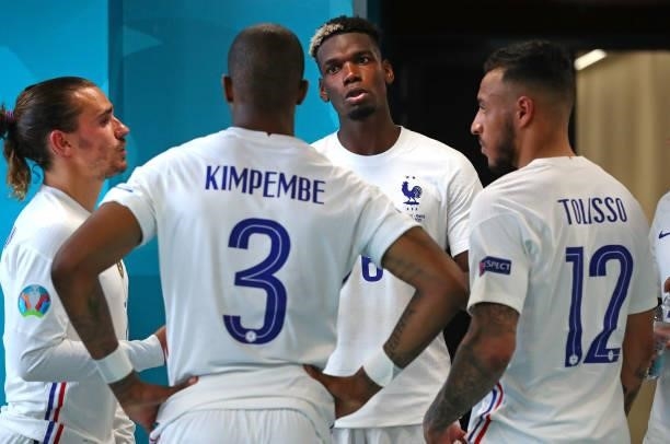 Paul Pogba of France talks with team mates in the tunnel prior to the second half of the UEFA Euro 2020 Championship Group F match between Portugal...