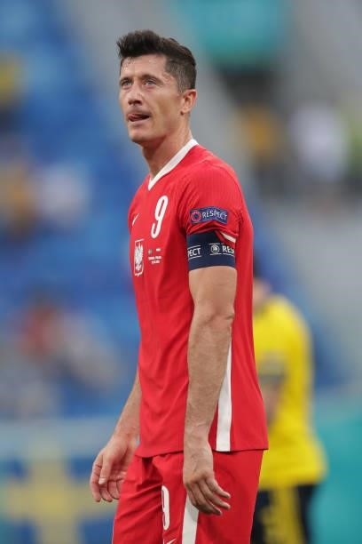 Robert Lewandowski of Poland reacts during the UEFA Euro 2020 Championship Group E match between Sweden and Poland at Saint Petersburg Stadium on...