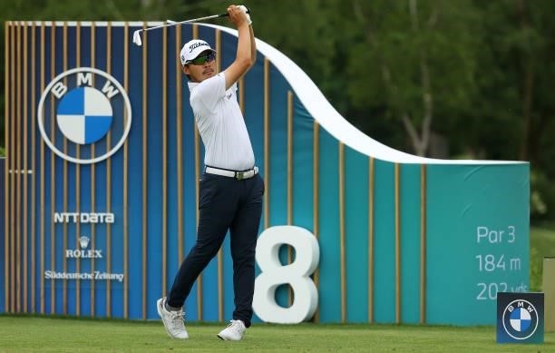 Masahiro Kawamura of Japan tees off on the eighth hole during the first round of The BMW International Open at Golfclub Munchen Eichenried on June...