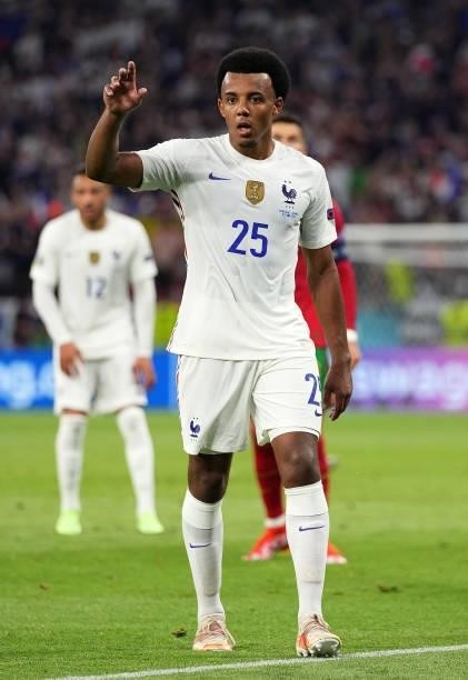 Jules Kounde of France gestures during the UEFA Euro 2020 Championship Group F match between Portugal and France at Puskas Arena on June 23, 2021 in...